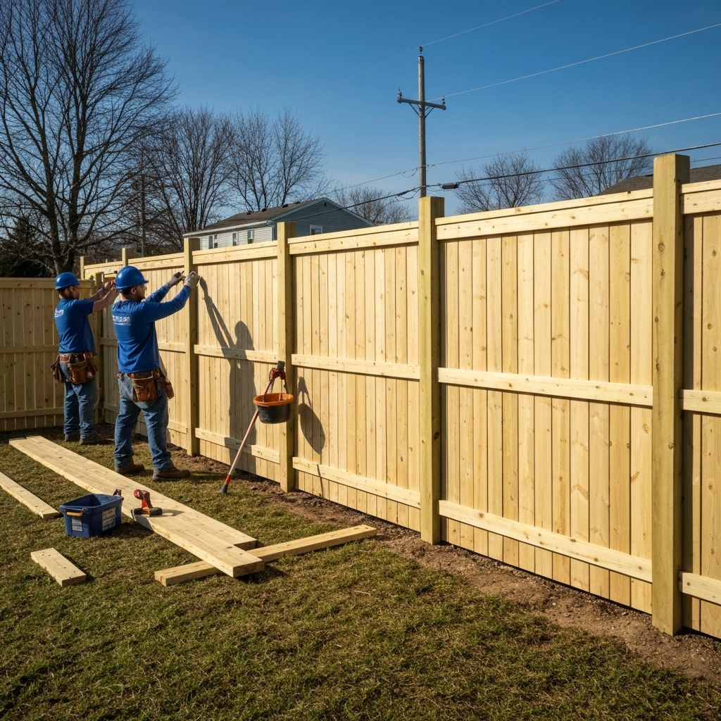 Professional fence installation crew at work