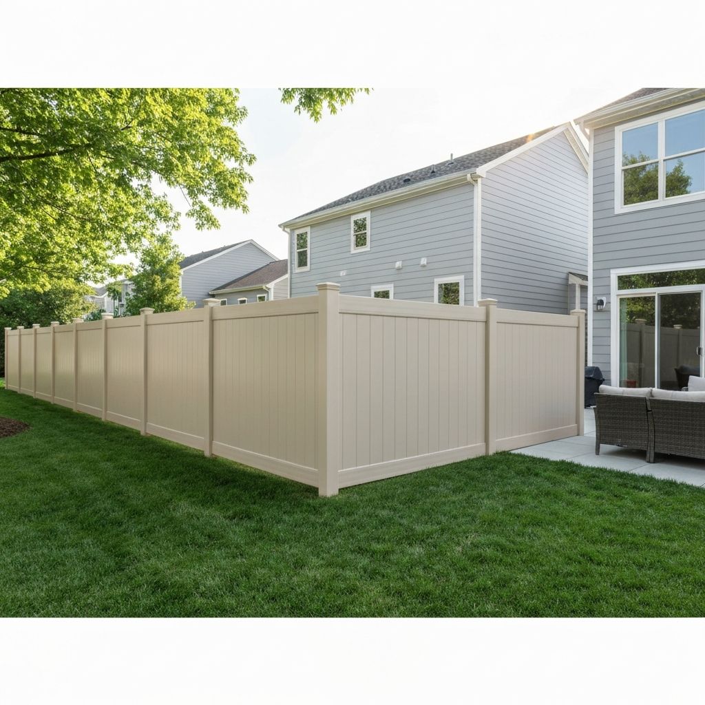 Tan vinyl privacy fence in modern backyard