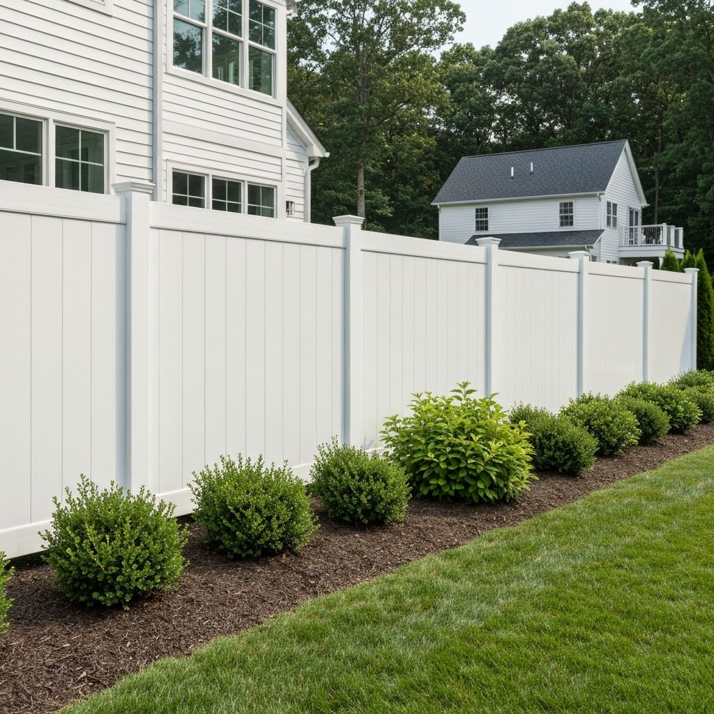 Elegant white vinyl privacy fence in upscale backyard